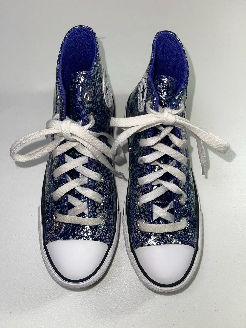 Converse Kids High-Top Glitter Sneakers in Blue and White